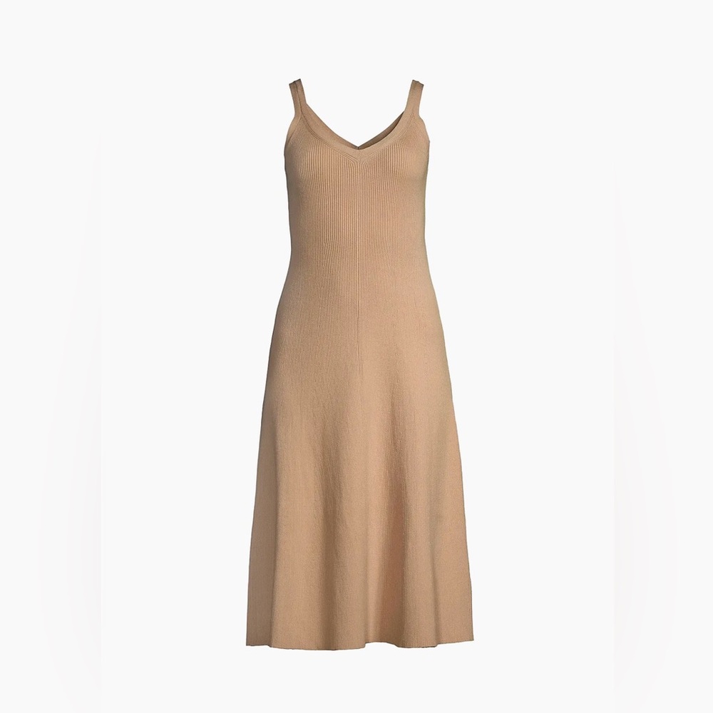 Elie Tahari Beige Ribbed Knit A-Line Sleeveless Midi-Dress Sz Large